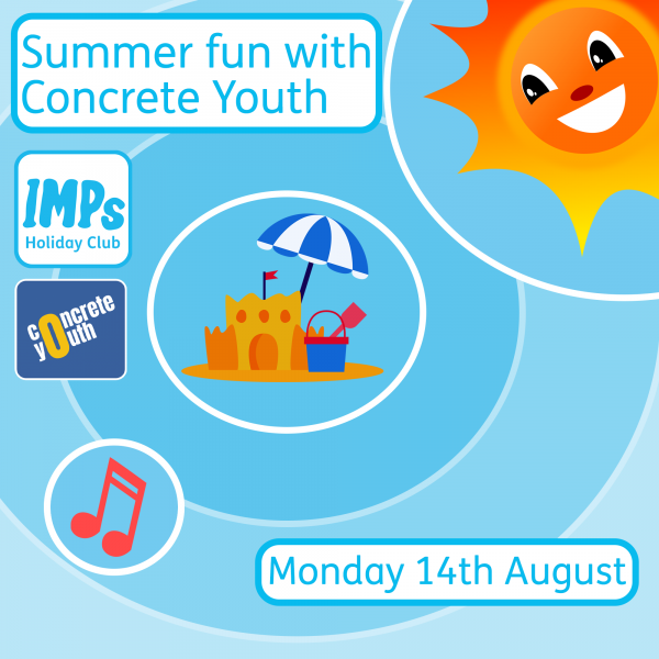 A smiling sun looks on a sandcastle and umbrella. Near is a red musical note.