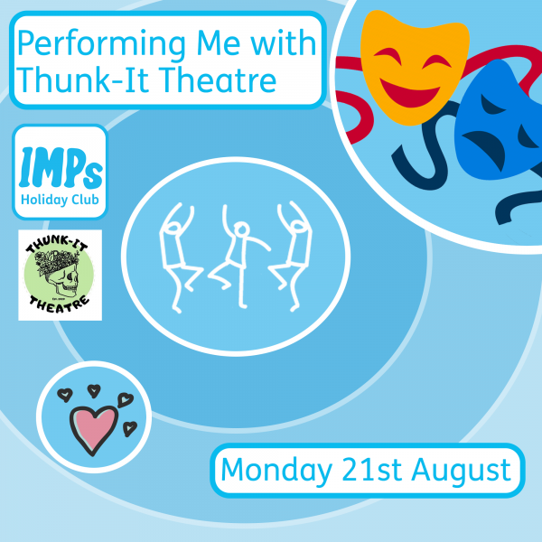 A red and blue theatre mask sits in the corner, people dance in the middle